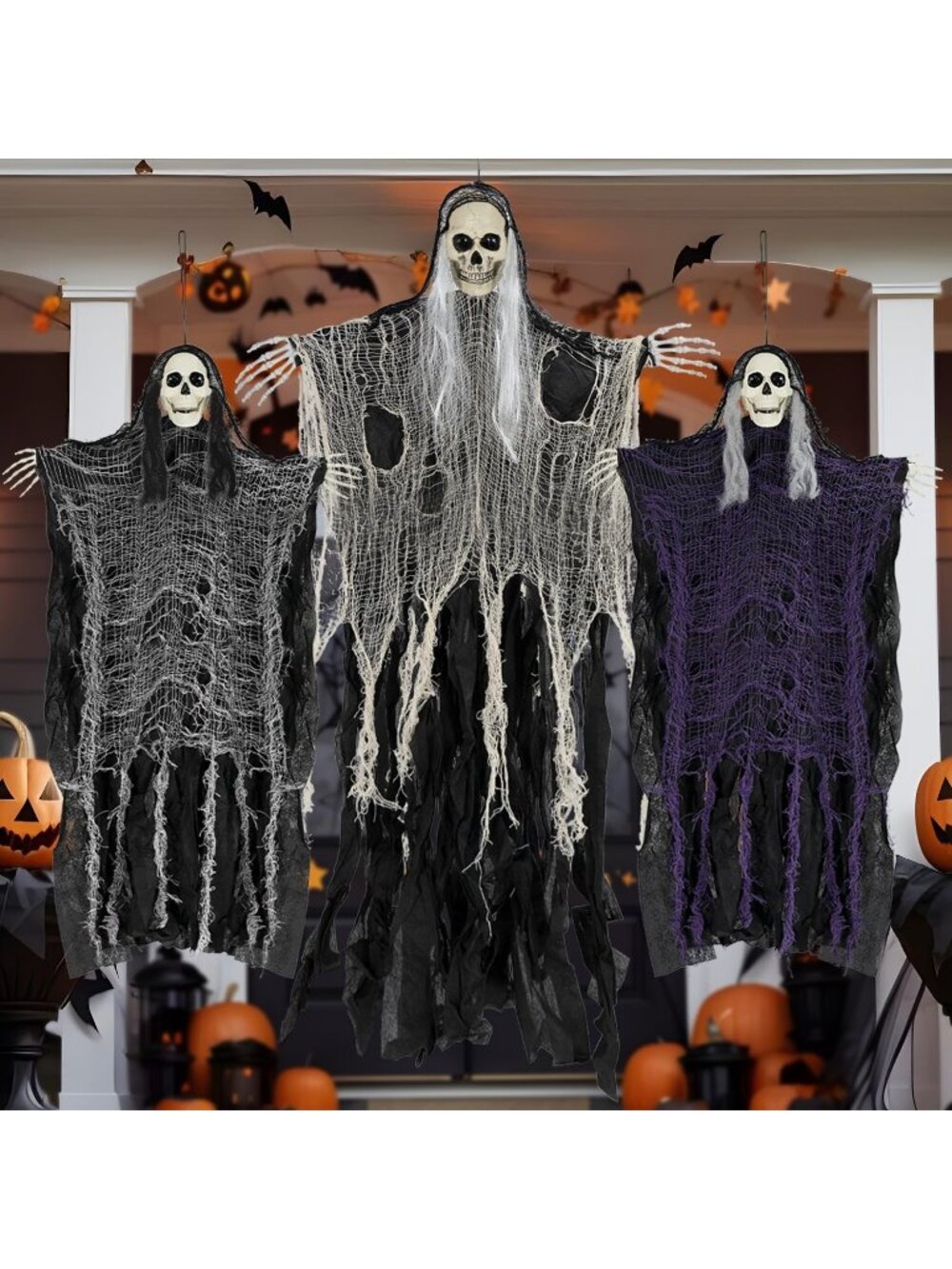Set of 3 Halloween Scary Hanging Ghosts Grim Reaper Skeleton Haunted House Decor